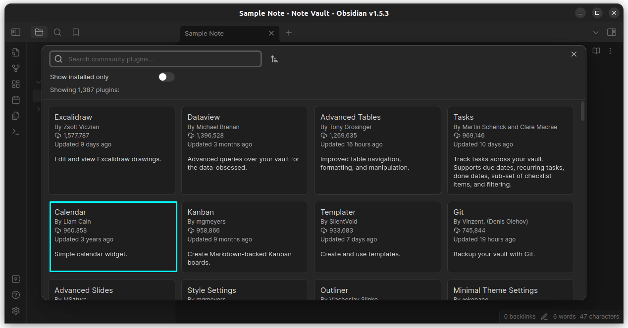 The community plugins page in Obsidian, where various community developed plugins are listed and ready to be installed.