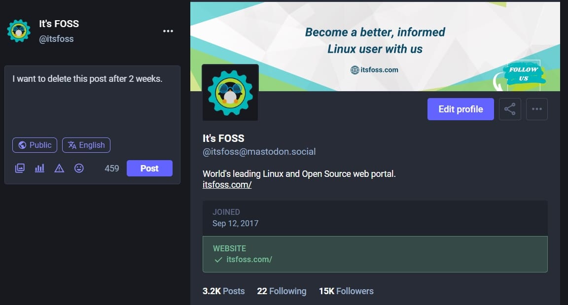 itsfoss mastodon profile post screenshot