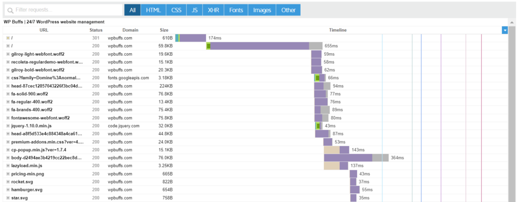 Image of WP Buffs waterfall report in GT Metrix showcasing examples to elimante render-blocking resources