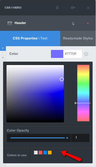 CSS Hero Smart Color Picker tool helps to stay consistent with your design