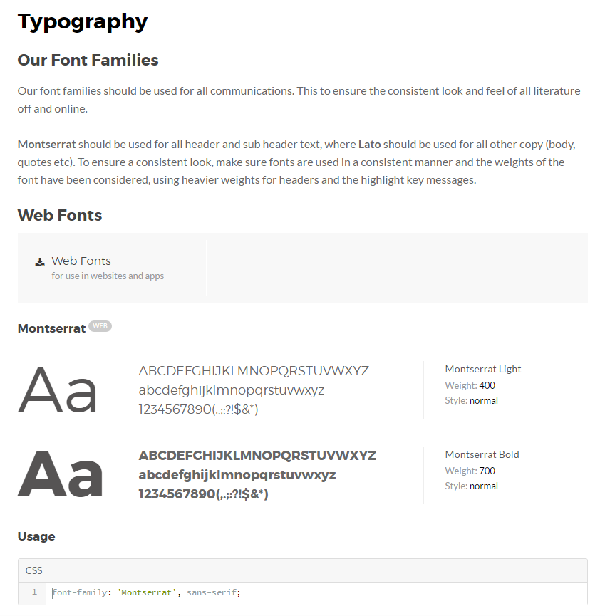 Typography section of a web design style guide by Frontify