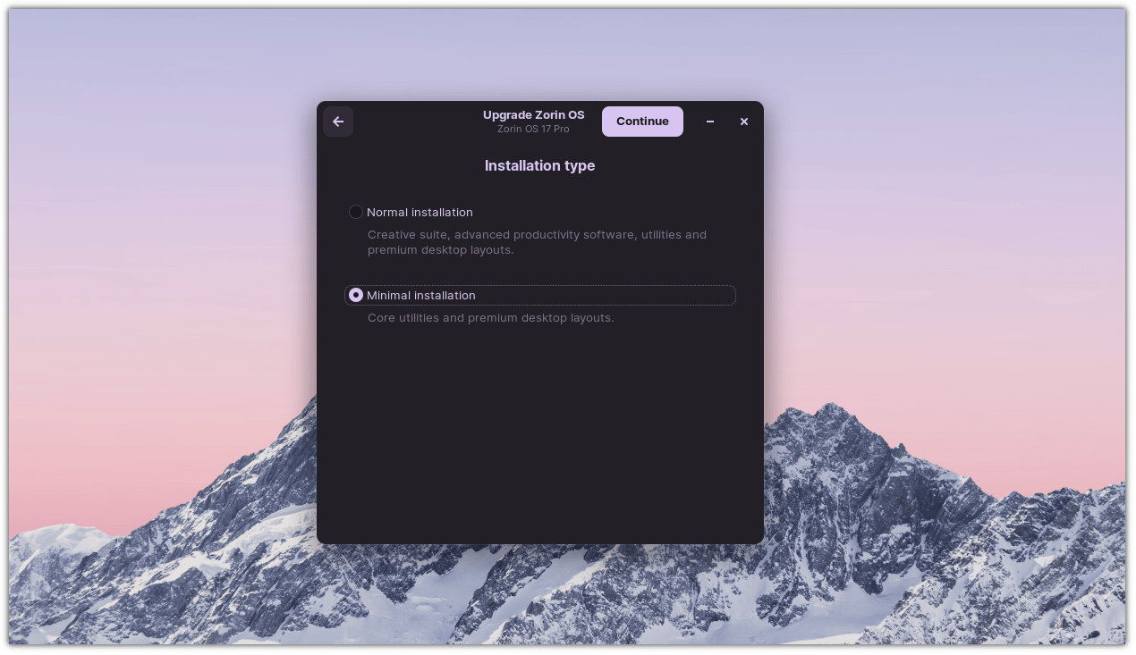 choose installation type while upgrading to ZorinOS 17