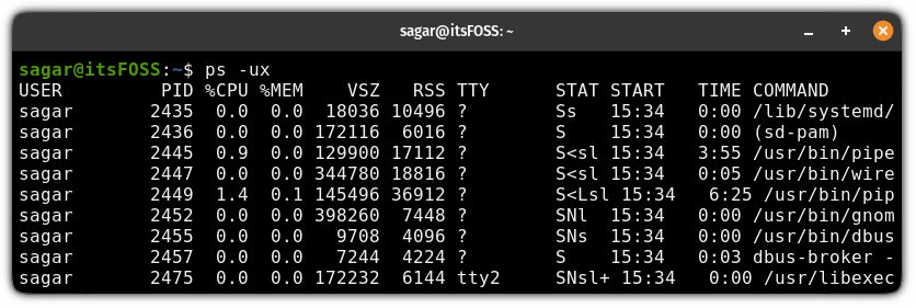 Get the detailed information of each running process using the ps command