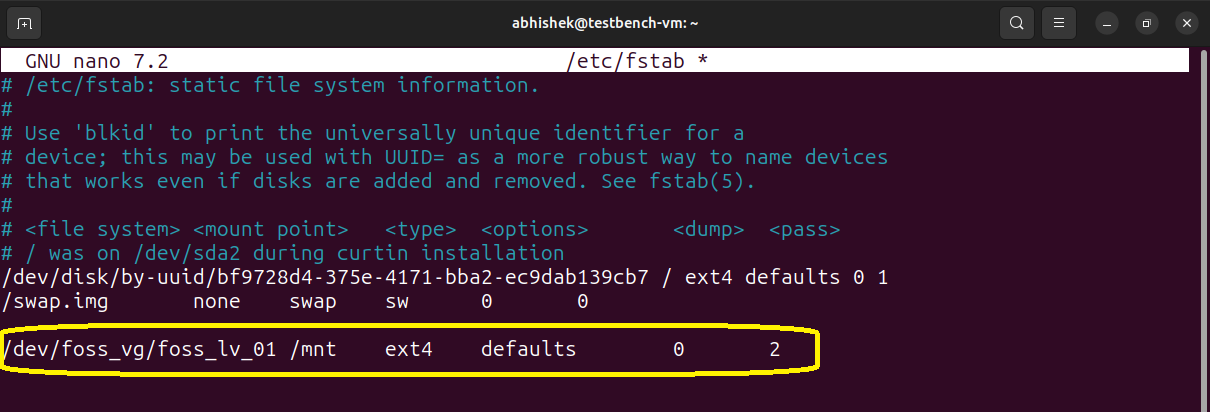 edit fstab file to automount logical volume