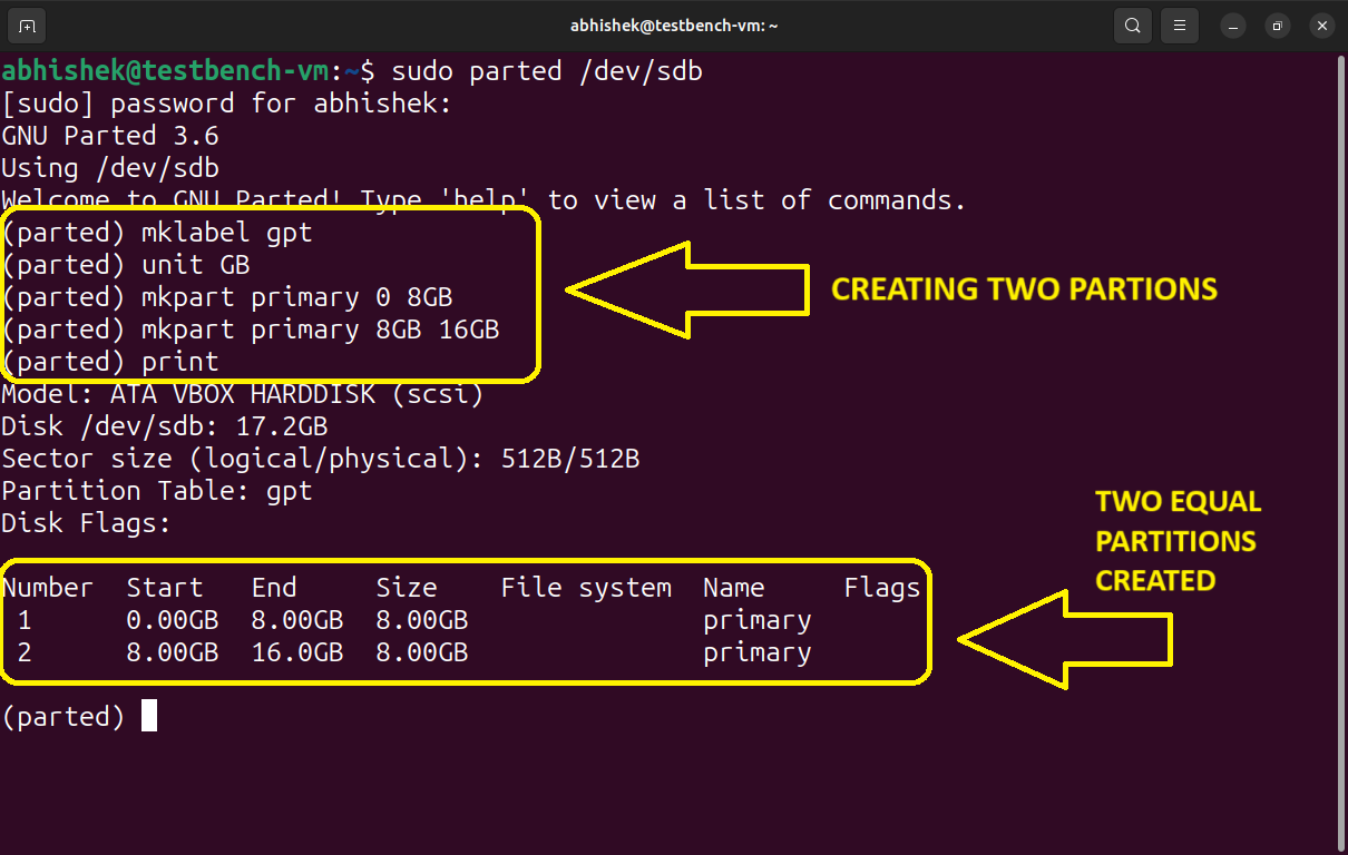 Creating partitions with parted command