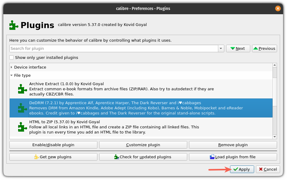 Confirm adding of DeDRM plugin to Calibre